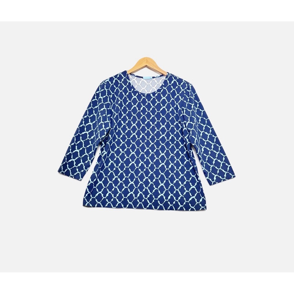 J McLaughlin Top Geometric Crew Neck Stretch Catalina Cloth Artsy Stretch Sz XL